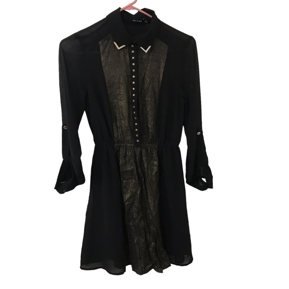 3/$15 Do + Be black long sleeve semi sheer with gold tone collar dress